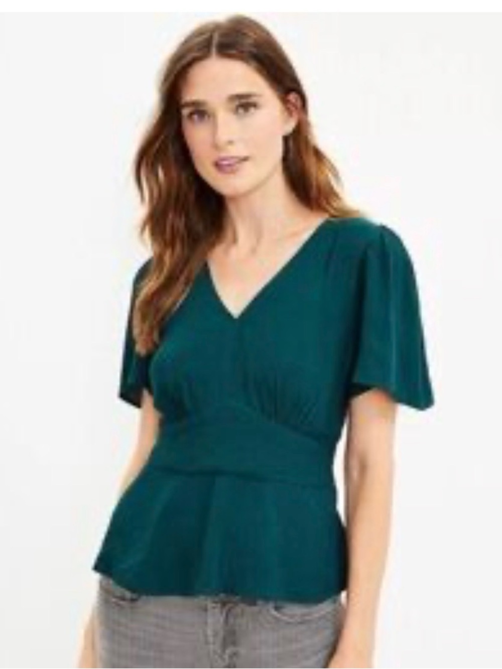 LOFT Dark Teal V-Neck Flutter Sleeve Top